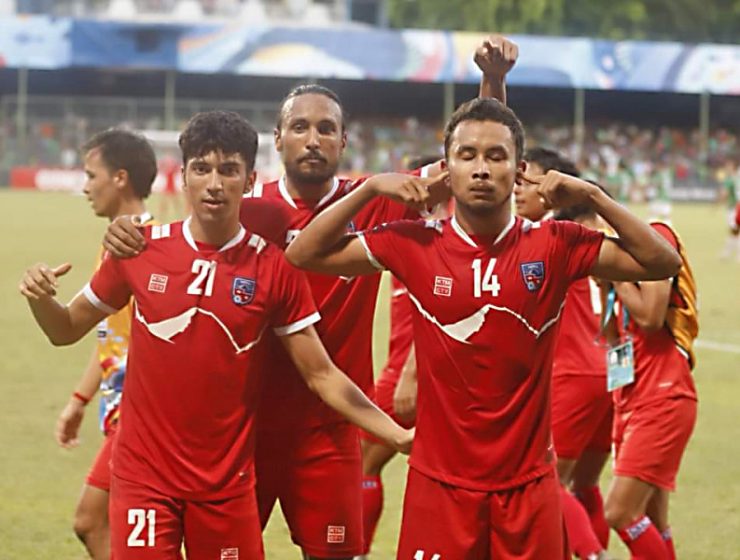 Nepal firar sitt 1-1-mål i matchen mot Bangladesh