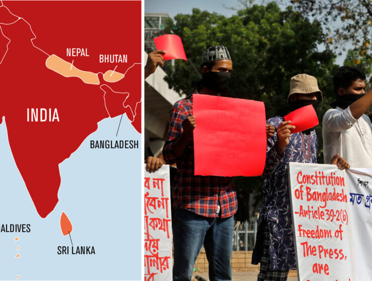 Aktuell pressfrihetskarta för Sydasien 2023 från Reportrar utan gränser och en demonstration i Dhaka för pressfrihet