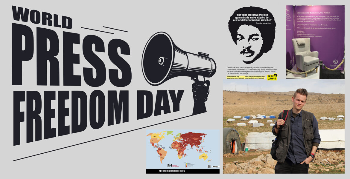 Pressfrihet under hot – Sydasiens kollage visar Dawit Isaak, Reportrar utan gränser, Joakim Medin och Gui Minhai
