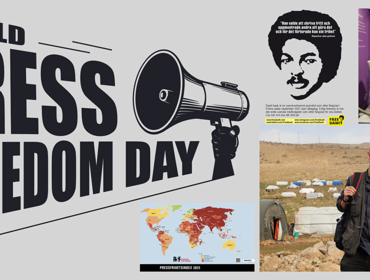 Pressfrihet under hot – Sydasiens kollage visar Dawit Isaak, Reportrar utan gränser, Joakim Medin och Gui Minhai