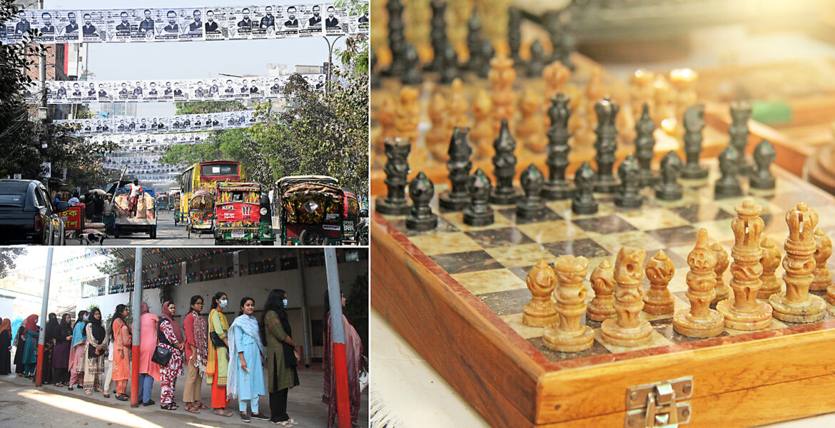 Valaffischer, kö till vallokal och en ny uppsättning politiska spelpjäser i parlamentet i Dhaka.