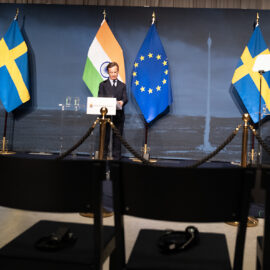 EU-kommissionens ordförande Ursula von der Leyen, Sveriges statsminister Ulf Kristersson och Indiens premiärminister Narendra Modi.
