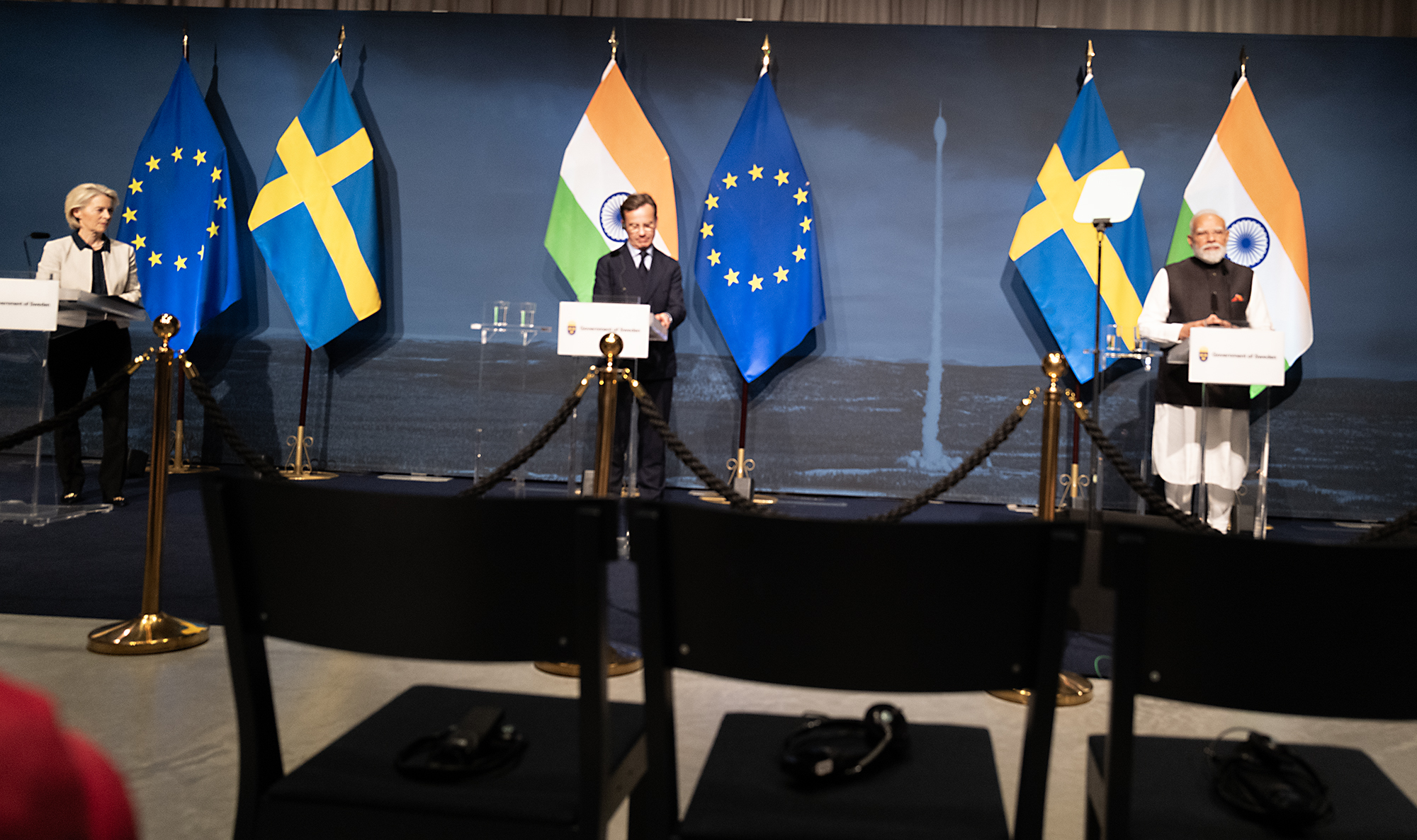 EU-kommissionens ordförande Ursula von der Leyen, Sveriges statsminister Ulf Kristersson och Indiens premiärminister Narendra Modi.