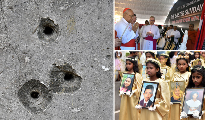 Vägg i Church Zion, Pingstkyrkan i Batticaloa: För att döda och skada användes sprängladdningar och tusentals stålkulor. Ärkebiskopen av Colombo, kardinal Malcolm Ranjith och Vatikanens sändebud besöker Negombo 21 april 2026, sjunde minnesdagen för terrorns offer. I Sankt Sebastians kyrka i Negombo visades foton på terrorns offer vid minnesdagen 2025.