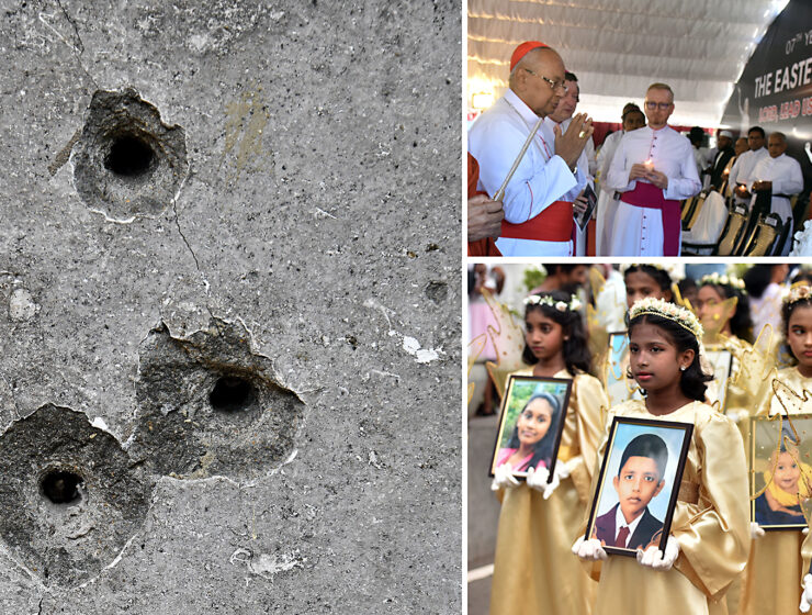Spår av terrorn i en vägg i Church Zion i Batticaloa, som inte rasade helt vid terrordådet 21 april 2019. Ärkebiskopen av Colombo, kardinal Malcolm Ranjith och Vatikanens sändebud vid minnesdagen 21 april 2026. I Sankt Sebastians kyrka i Negombo visades foton på terrorns offer vid minnesdagen 2025.