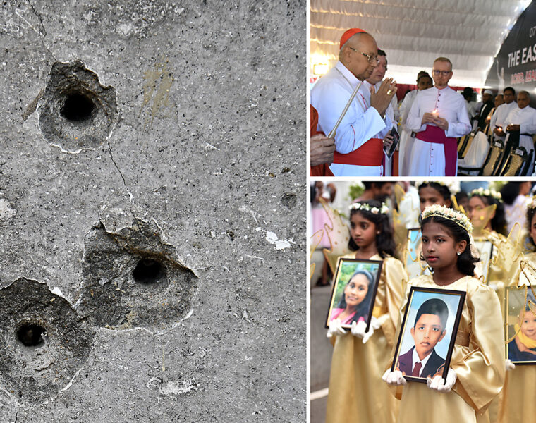 Vägg i Church Zion, Pingstkyrkan i Batticaloa: För att döda och skada användes sprängladdningar och tusentals stålkulor. Ärkebiskopen av Colombo, kardinal Malcolm Ranjith och Vatikanens sändebud besöker Negombo 21 april 2026, sjunde minnesdagen för terrorns offer. I Sankt Sebastians kyrka i Negombo visades foton på terrorns offer vid minnesdagen 2025.