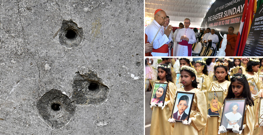 Vägg i Church Zion, Pingstkyrkan i Batticaloa: För att döda och skada användes sprängladdningar och tusentals stålkulor. Ärkebiskopen av Colombo, kardinal Malcolm Ranjith och Vatikanens sändebud besöker Negombo 21 april 2026, sjunde minnesdagen för terrorns offer. I Sankt Sebastians kyrka i Negombo visades foton på terrorns offer vid minnesdagen 2025.