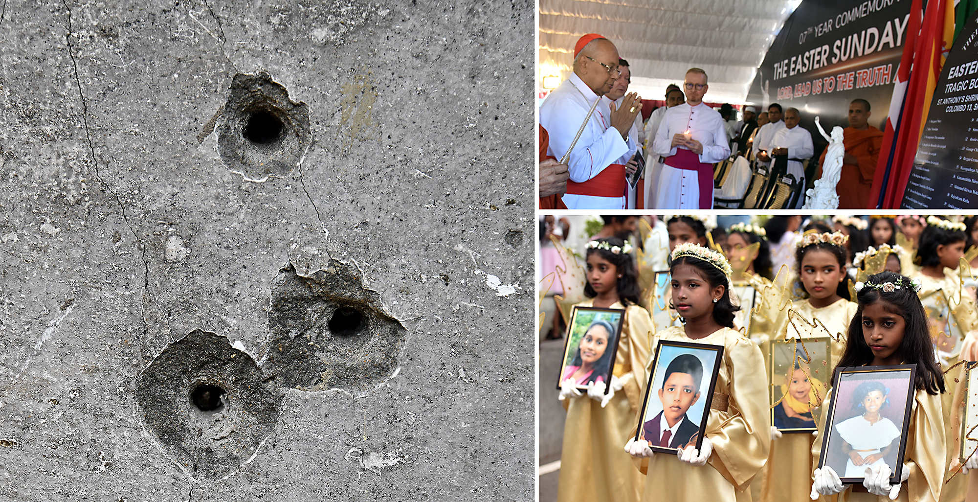 Spår av terrorn i en vägg i Church Zion i Batticaloa, som inte rasade helt vid terrordådet 21 april 2019. Ärkebiskopen av Colombo, kardinal Malcolm Ranjith och Vatikanens sändebud vid minnesdagen 21 april 2026. I Sankt Sebastians kyrka i Negombo visades foton på terrorns offer vid minnesdagen 2025.