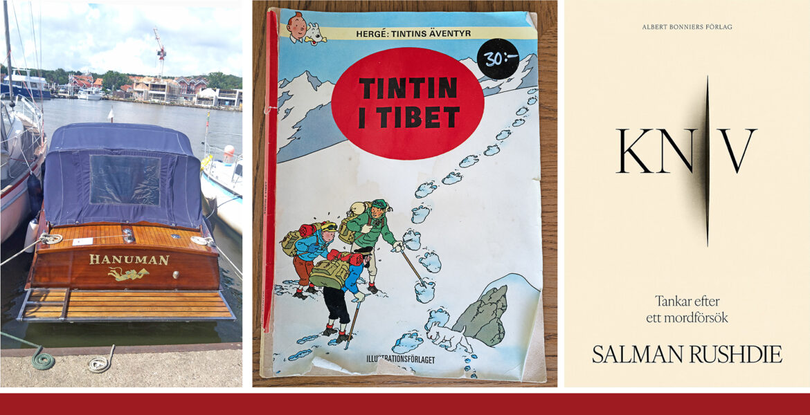 Motorbåten Hanuman i Litauen, seriealbumet Tintin i Tibet av Hergé och boken Kniv av Salman Rushdie.